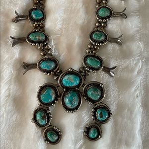 Large genuine turquoise and sterling silver squash blossom necklace